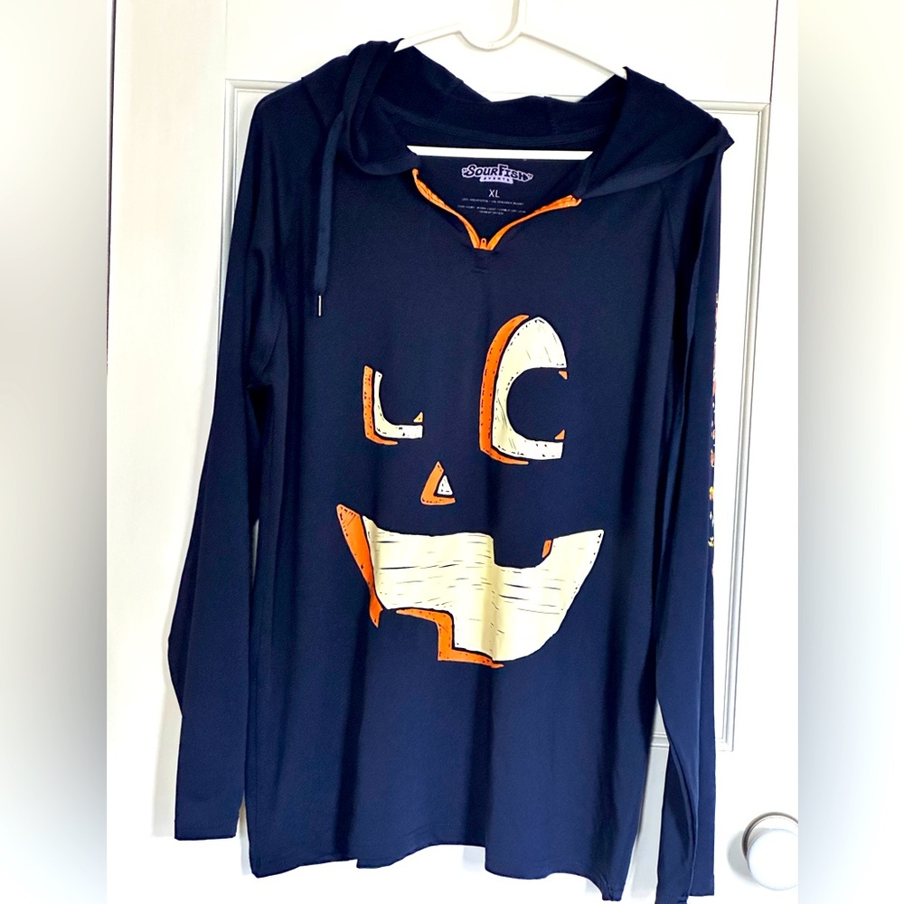 New blue pumpkin-themed sporty hooded pullover - Gourdy’s pumpkin run - size XL
